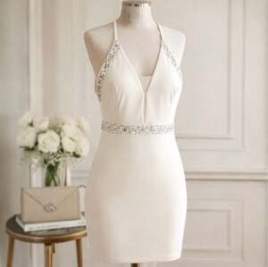 Teeze Me Cream Embellished Mesh V-Neck Halter Mini Dress Pageant Graduation Home